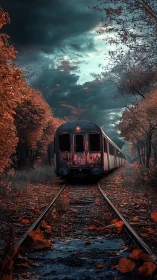Moody autumn train rests quietly beneath stormy skies