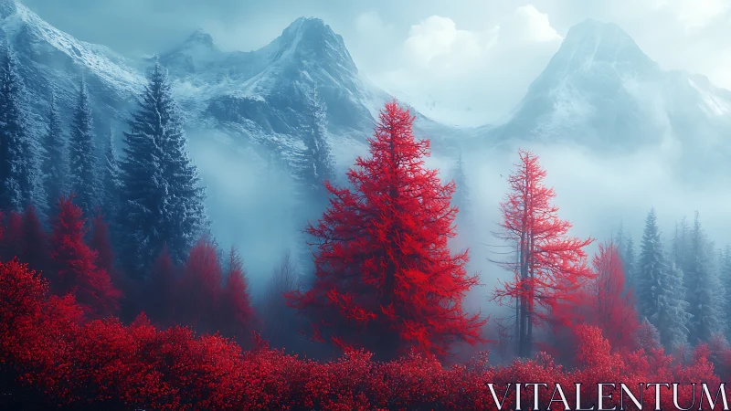 Crimson forest beneath misty blue snow mountains landscape.