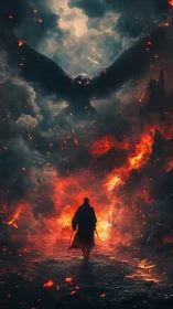 Lone figure advances through volcanic inferno beneath colossal winged demon