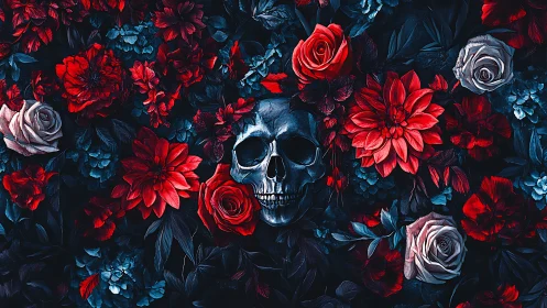 Skull Amid Red Roses and Blue Foliage.