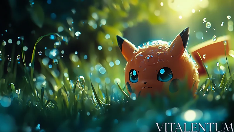 Pikachu figure sits in wet grass with shallow depth of field