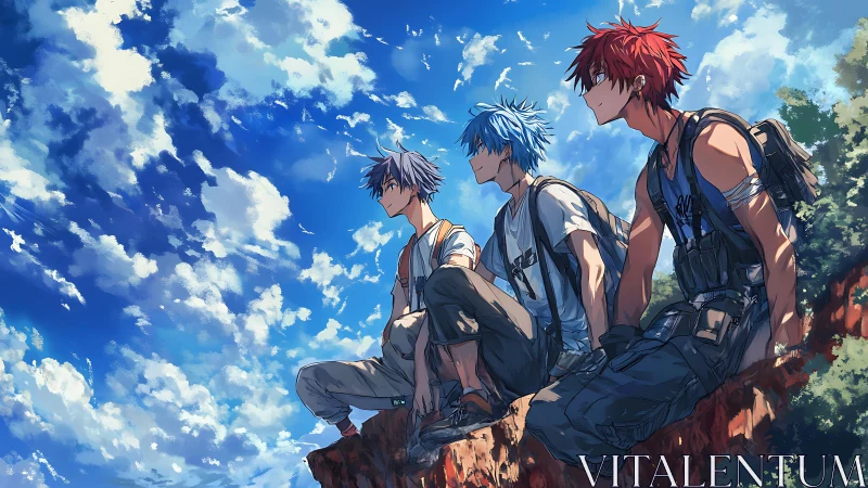 Four anime hikers rest on cliff edge under high contrast sky