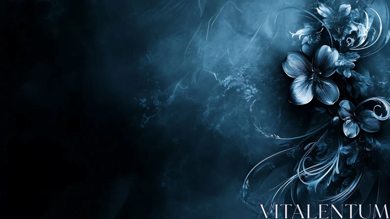 Chromatic cyan florals in swirling digital bloom field.