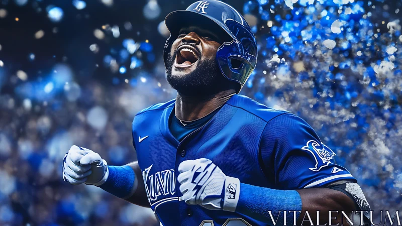 Baseball player in blue uniform celebrates during dynamic play