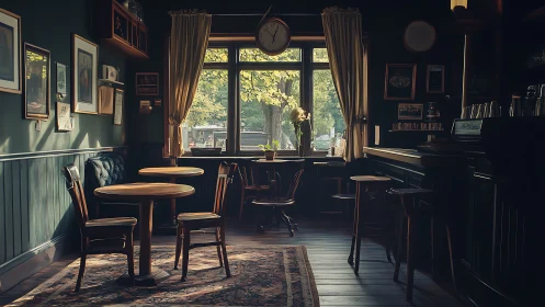 Sunlit caf&eacute; corner welcomes quiet moments and gentle pause