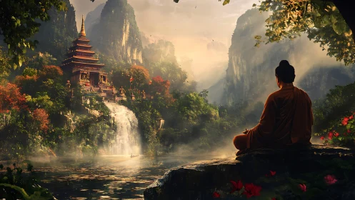Monk overlooks misty temple waterfall in lush valley