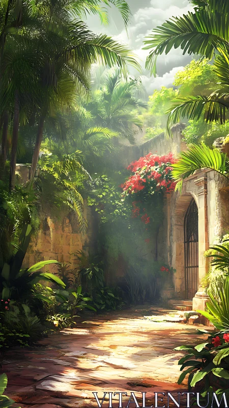 Sunlit jungle courtyard guarding a secret stone doorway.