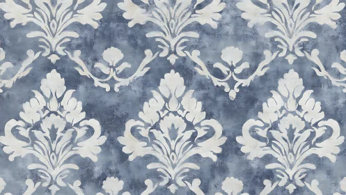 Vintage damask wallpaper with distressed blue-grey ground