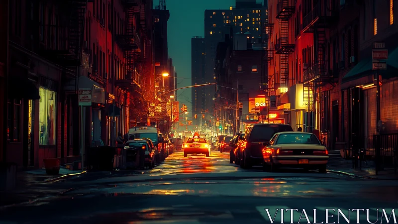 Quiet city street glows with warm lights after gentle rain