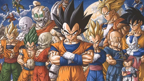 Iconic anime warriors assembled under a luminous full moon.