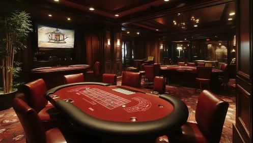 Luxury casino gaming room with red felt tables and chairs.