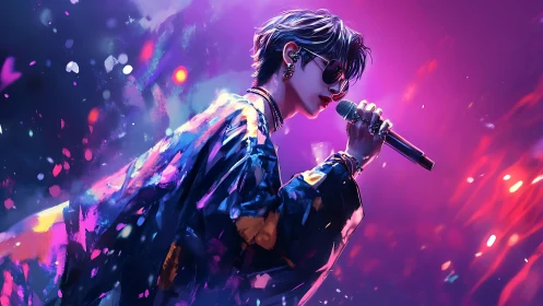 Digital vocalist portrait under neon concert lights.