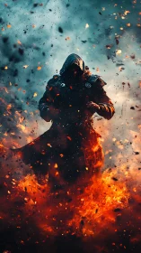 Hooded warrior strides through explosive firestorm in defiance