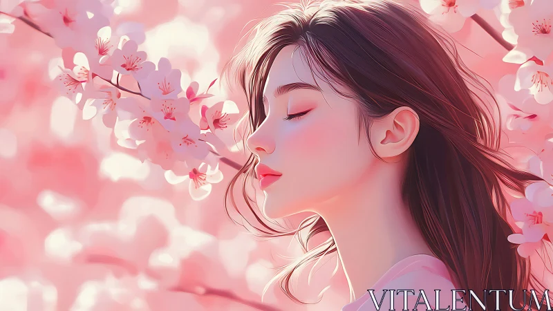 Profile view of woman amid pink blossoms in soft light.
