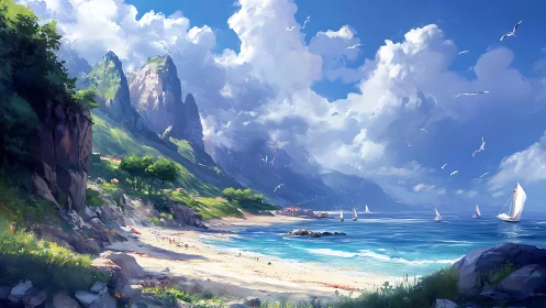 Coastal landscape depicting cliffs, beach, and sailboats beneath cumulus clouds.