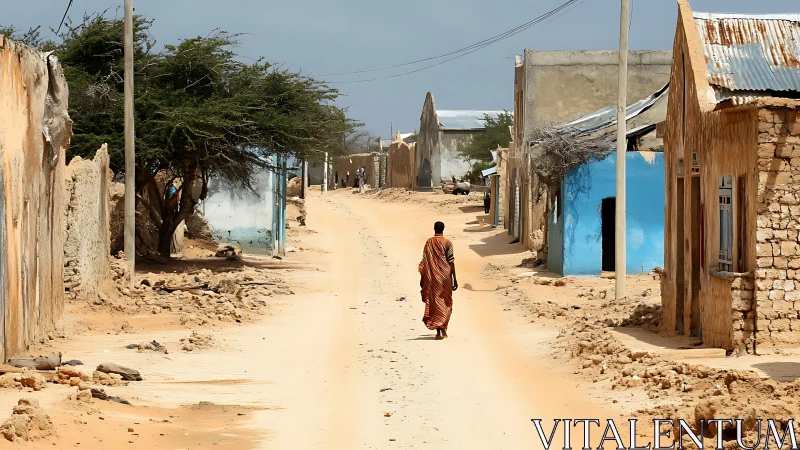Solitary figure on sunlit sandy street in rural village.