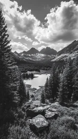 Monochrome alpine lake with dramatic clouds and peaks.