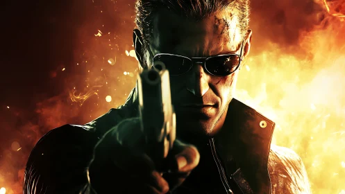 Gunman in flames aiming forward with intense neon contrast.