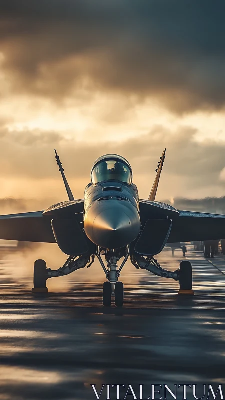 Fighter jet stands poised on wet runway at dramatic sunrise