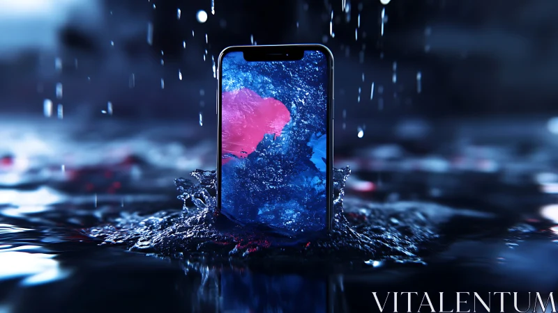 Smartphone stands upright in dark reflective water splash.