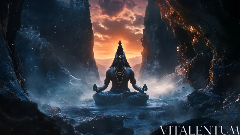 Meditating Hindu deity sits in misty mountain cave at sunrise