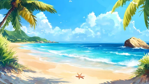 Digital illustration depicts tropical beach scene with palm fronds.