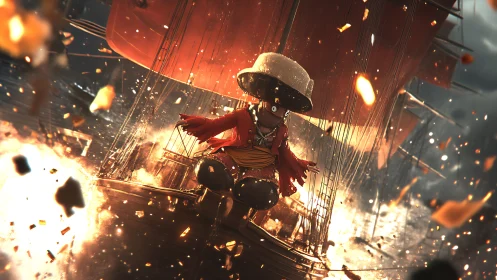 Stylized pirate figure on burning ship in explosive battle.