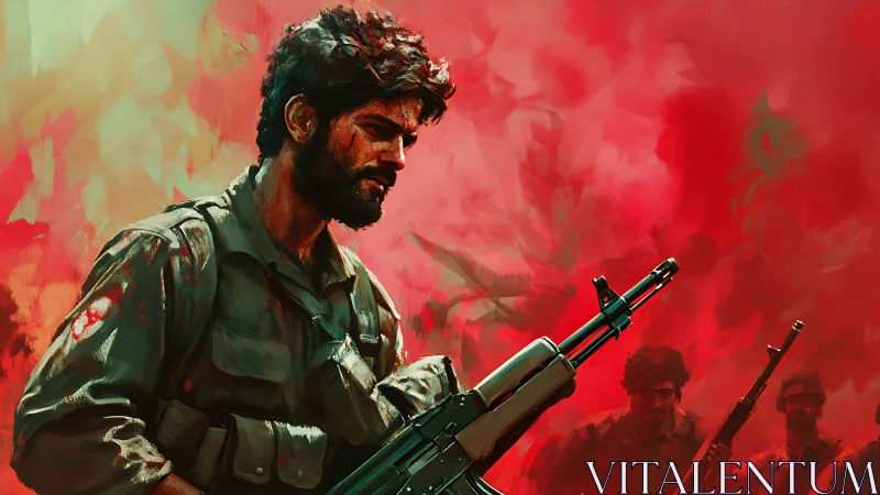 Battle-worn soldier in red haze with rifle-led composition.