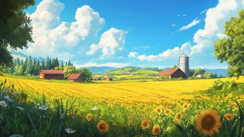 Sunlit rural farmland panorama with golden flower fields.