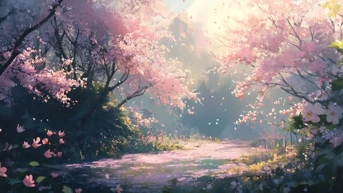 Sunlit forest path passes under drifting cherry blossoms