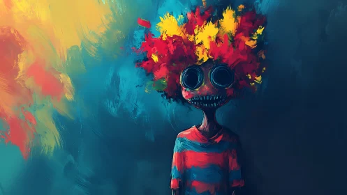 Surreal figure with neon afro contrasts against vivid void.