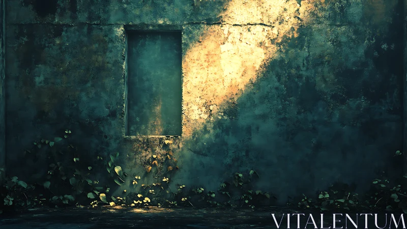 Weathered concrete wall with blocked window and foliage.