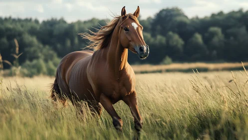 Chestnut horse moving through tall grass in open field.