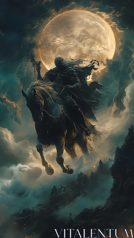 Armored wraith rider on rearing warhorse under colossal full moon