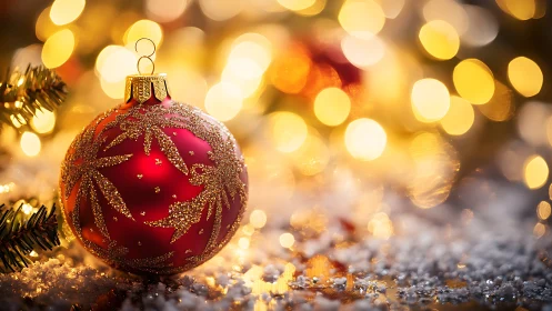 Red glass bauble with gold glitter in soft festive bokeh.