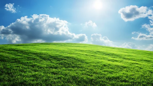 Sunlit green hillside under deep blue sky with clouds.