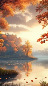 Golden autumn lake at sunrise with drifting quiet leaves.