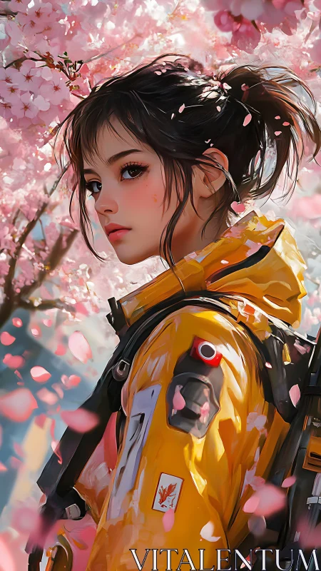 Girl in yellow jacket under pink cherry blossoms, side view.