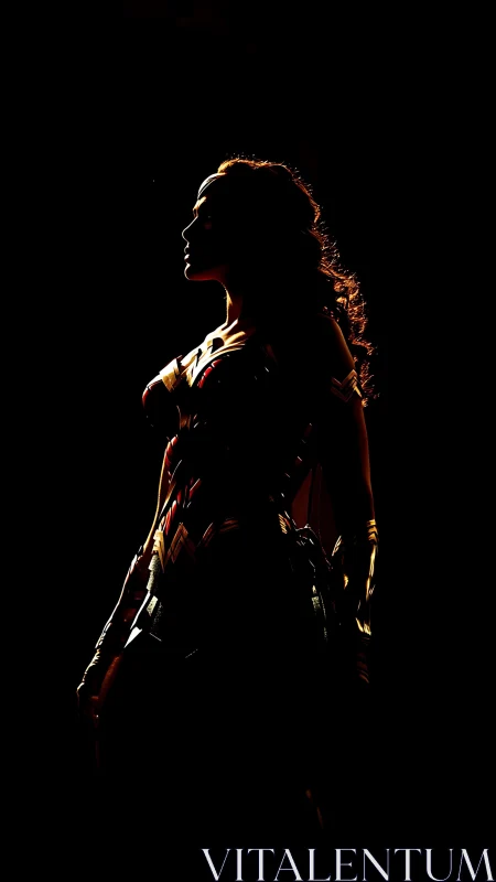 Warrior heroine silhouette in dramatic backlighting profile.