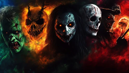 Row of demonic skull-faced entities emerges from chromatic fire clouds