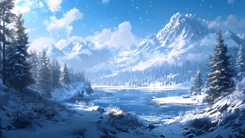 Snowy alpine lake reflects sunlit mountains under clear sky