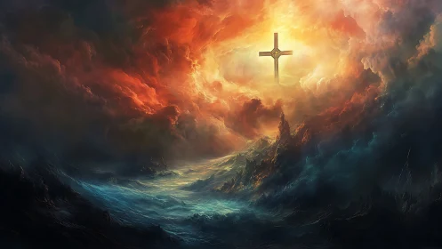 Stormlit seas cradle a radiant cross in roaring heavens
