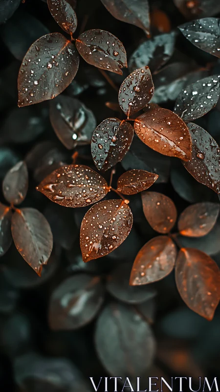 Copper-toned leaves glisten under raindrops in moody focus.