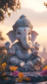 Gentle sunrise crowns serene baby Ganesha in jeweled calm