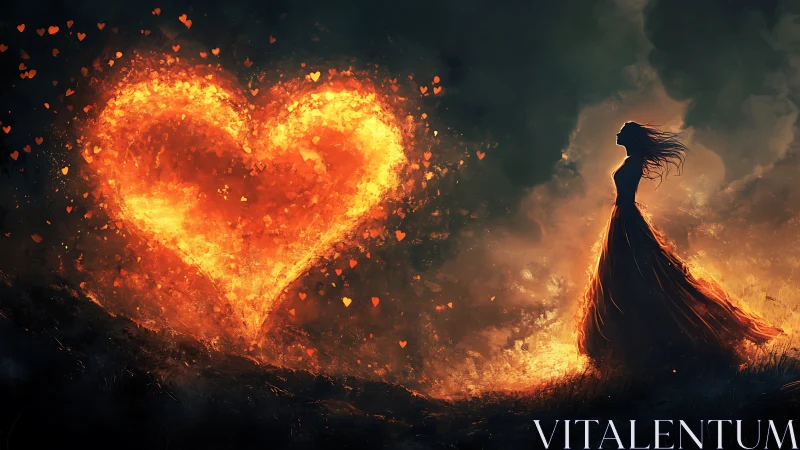 Silhouette Gazes Upon Burning Heart's Explosive Dance