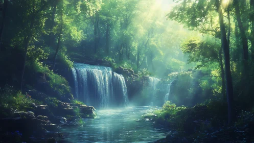Luminous Waterfall in Temperate Forest: Digital Landscape Rendering.