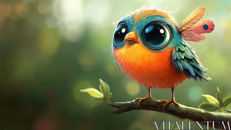 Adorable cartoon bird with big eyes on a branch, digital art style.