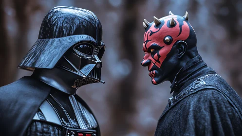 Two armored rivals lock gazes in a frosted forest silence