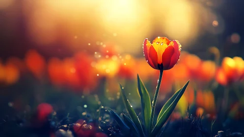 Red tulip with dew droplets photographed against blurred warm background.