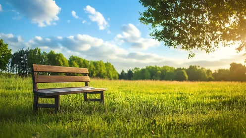 Sunlit wooden bench in expansive meadow under soft clouds.